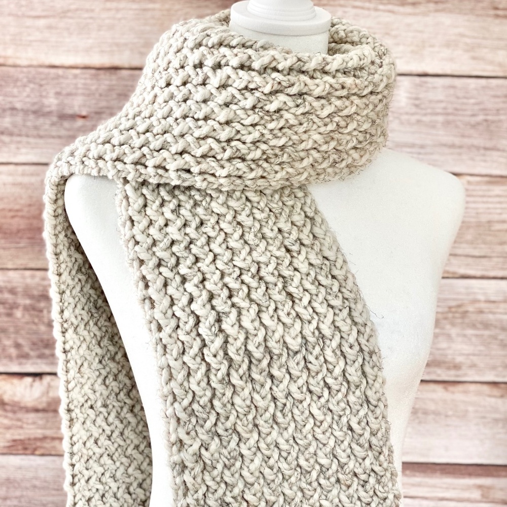 Chunky Cream Knit Wool Scarf Long